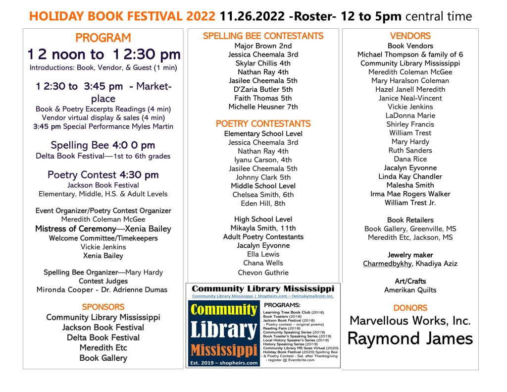 Holiday Book Festival 2022, 3rd Annual Festival held the Sat after Thanksgiving each year. Next event: JACKSON BOOK FESTIVAL 2023